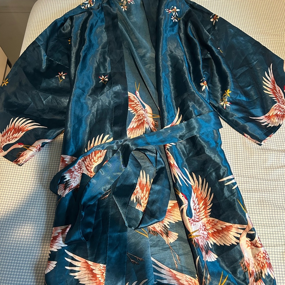 Teal Kimono with Crane Print
